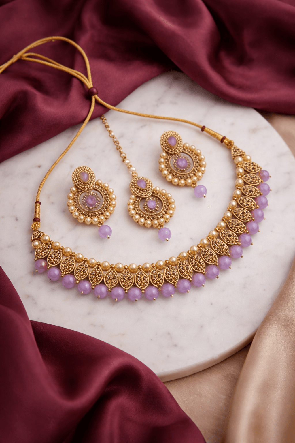 Lavender Pearl Traditional Choker Jewelry Set – Gold Plated Festive Necklace with Earrings for Women