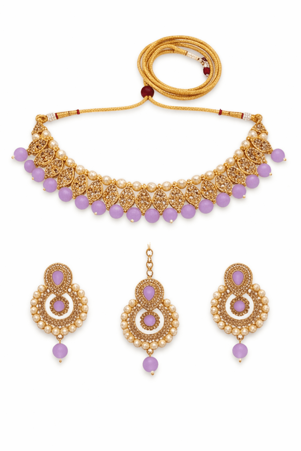 Lavender Pearl Traditional Choker Jewelry Set – Gold Plated Festive Necklace with Earrings for Women — image 2
