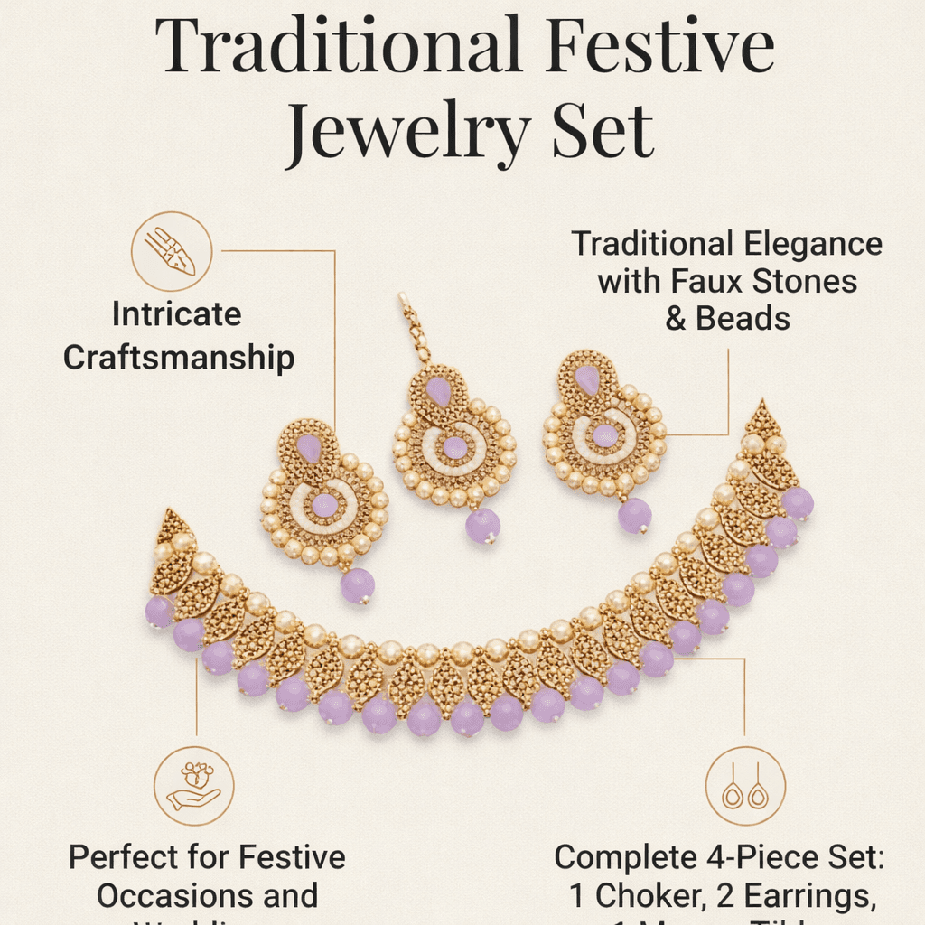 Lavender Pearl Traditional Choker Jewelry Set – Gold Plated Festive Necklace with Earrings for Women — image 3
