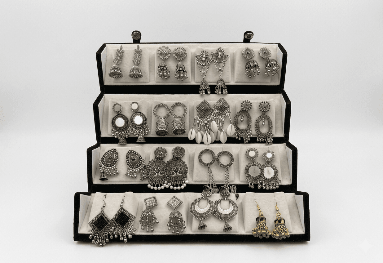 Royal Oxidized Silver Jhumka Collection – 12 Pair Designer Earrings Set for Women & Girls