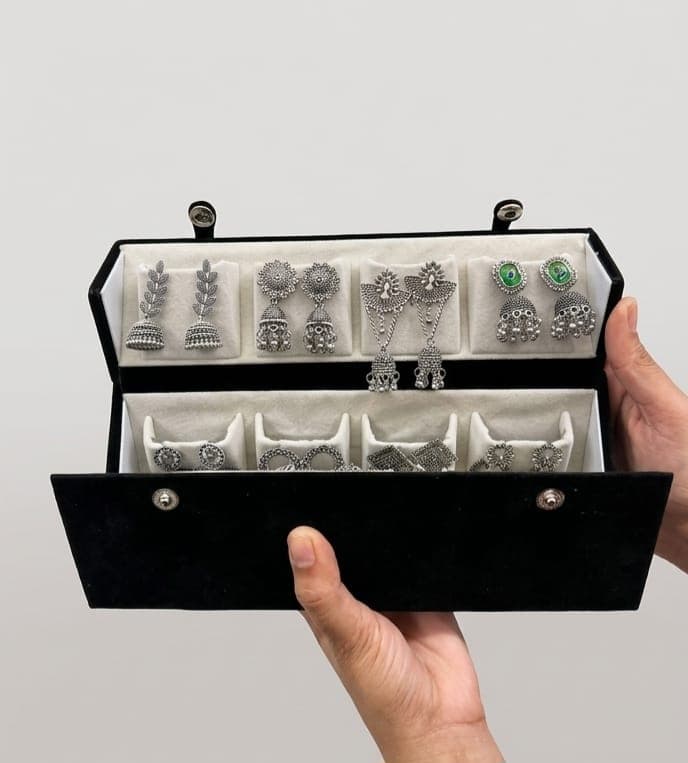 Royal Oxidized Silver Jhumka Collection – 12 Pair Designer Earrings Set for Women & Girls — image 3