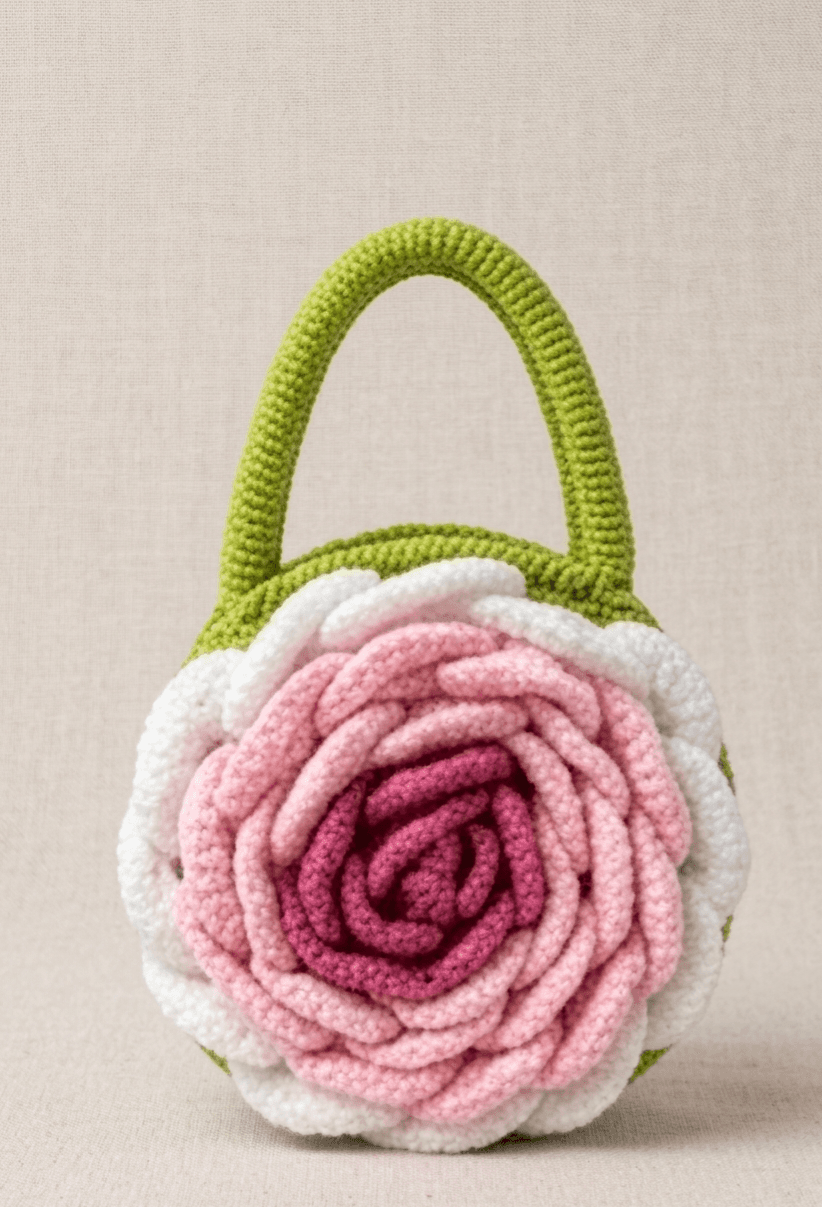 BloomCraft Handmade Crochet Floral Handbag – Elegant Rose Design Mini Purse for Women & Girls